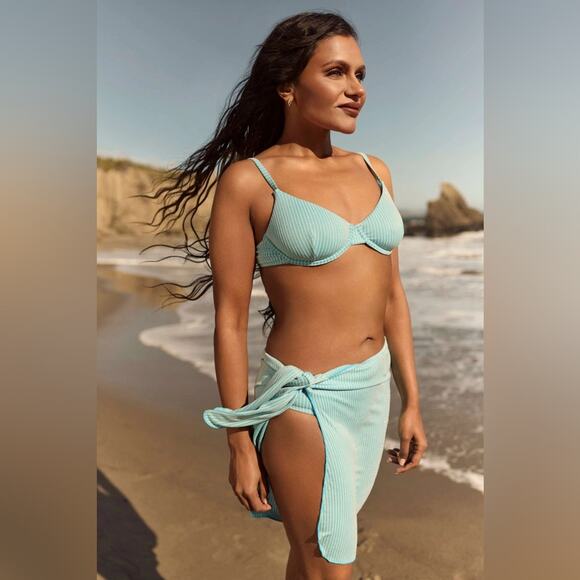 NWT Andie Swim x Mindy Kaling The Maya Sarong Blue With Gold Stripe Size S/M - Picture 4 of 11